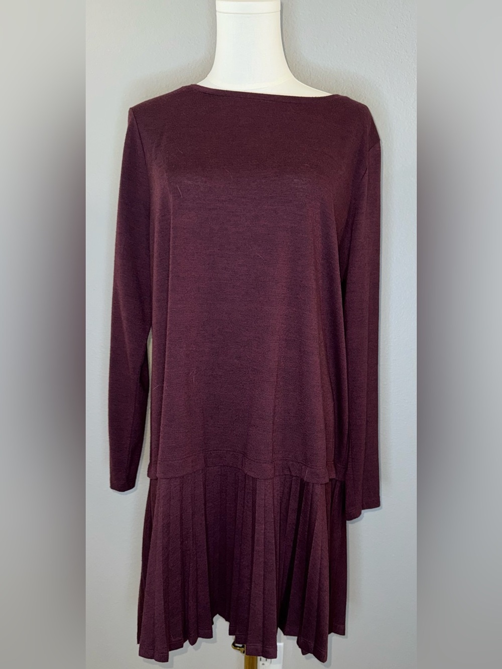 LOFT Long Sleeve Pleated-Hem Dress in Burgundy